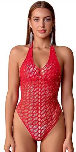 Bommi Fairy Damen Neckholder Chemise aus Fischnetz Stretch-Bodysuit mit tiefem V-Ausschnitt Einteiliger Badeanzug in schlanker Passform Sexy Rückenfreies Leotard Clubwear (Rot) von Bommi Fairy