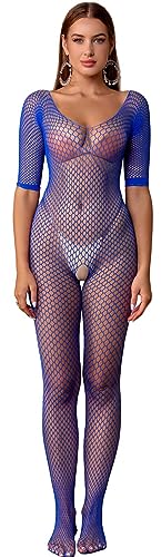 Bommi Fairy Damen Sexy Fischnetz Mesh Bodystockings Ein Stück Bodysuit Teddy Dessous Schulterfrei Outfit Jumpsuit Unterwäsche (Blau) von Bommi Fairy