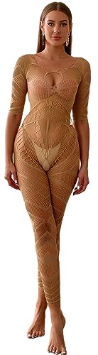 Bommi Fairy Damen Sexy Schrittfreie Unterwäsche Bodysuit Babydoll Gestreiftes Mesh Teddy Nachtwäsche Halbärmliges Bodystocking (Mandel) von Bommi Fairy