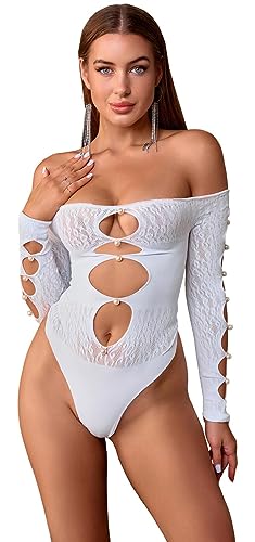 Bommi Fairy Damen Sexy Schulterfrei Langärmliges Bodysuit Ausgeschnittene Vorne Mesh Eng Einteiler Helle Künstliche Perlen Bodystocking (Weiß) von Bommi Fairy