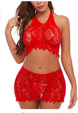 Bommi Fairy Damen Sexy Set Spitze Dessous Set Fischnetz Babydoll Mini Kleid Free Size Bodysuit Nachtwäsche Unterwäsche Sexy Perspektiv Erotische Dessous Lingerie Erotik Reizwäsch (Rot) von Bommi Fairy