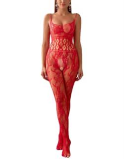 Bommi Fairy Damen Sexy Spitze Fischnetz Bodystockings Gestreifte Dessous Schrittfreie Bodysuits Strapsstrümpfe Suspender Slim Fit Waist Tights Shapewear Taille (Rot) von Bommi Fairy