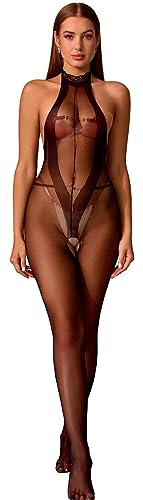 Bommi Fairy Damen Spitzenbesetzter Halterneck Jumpsuit Sexy Rückenfreier Bodysuit Schrittfrei Fischnetz Bodycon Party Clubwear Bodystocking (Schwarz) von Bommi Fairy