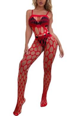 Bommi Fairy Damen Unterwäschen Reizwäsche Netz Strumpfhose Bodystockings Overall Langarm offen im Schritt Hohle Frauen Bodysuit Nachtwäsche Dessous Sexy Netz Catsuit (Rot) von Bommi Fairy