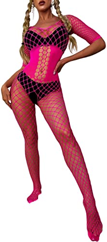 Bommi Fairy Damen Unterwäschen Reizwäsche Netz Strumpfhose Langarm Bodystockings Frauen Bodysuit Nachtwäsche Dessous Sexy Rückenfrei Netz Catsuit OneSize (Rosa) von Bommi Fairy