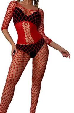 Bommi Fairy Damen Unterwäschen Reizwäsche Netz Strumpfhose Langarm Bodystockings Frauen Bodysuit Nachtwäsche Dessous Sexy Rückenfrei Netz Catsuit OneSize (Rot) von Bommi Fairy