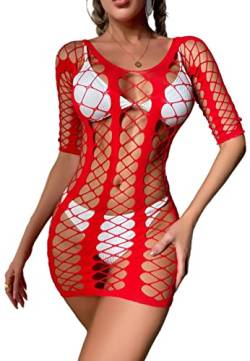 Bommi Fairy Dessous für Frauen Nahtlose Sexy Mesh Chemise Unterwäsche Sleepwear Lange Ärmel Dessous Babydoll Minikleid Fishnet Nachtwäsche Bodysuit (Rot) von Bommi Fairy