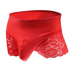 Bommi Fairy Men's Lace Briefs Sissy Pouch Unterwäsche Crossdress Atmungsaktive Stretch Baumwolle Spitze Höschen Große Hüfte Wrap mit transluzenten Oberschenkel (Rot) von Bommi Fairy