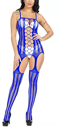 Bommi Fairy Netzstrümpfe Ouvert Bodystocking Sexy Dessous Catsuit Netz Dessous Reizvolle Kombination aus zartem Top und Strümpfen Bodystocking Mesh Spitze Catsuit Ouvert (Blau) von Bommi Fairy