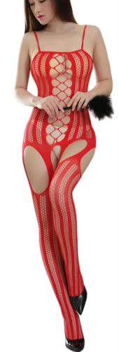 Bommi Fairy Netzstrümpfe Ouvert Bodystocking Sexy Dessous Catsuit Netz Dessous Reizvolle Kombination aus zartem Top und Strümpfen Bodystocking Mesh Spitze Catsuit Ouvert (Rot) von Bommi Fairy