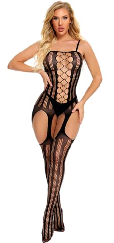 Bommi Fairy Netzstrümpfe Ouvert Bodystocking Sexy Dessous Catsuit Netz Dessous Reizvolle Kombination aus zartem Top und Strümpfen Bodystocking Mesh Spitze Catsuit Ouvert (Schwarz) von Bommi Fairy