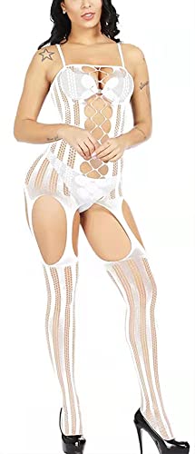 Bommi Fairy Netzstrümpfe Ouvert Bodystocking Sexy Dessous Catsuit Netz Dessous Reizvolle Kombination aus zartem Top und Strümpfen Bodystocking Mesh Spitze Catsuit Ouvert (Weiß) von Bommi Fairy