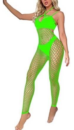 Bommi Fairy Sexy Dessous Bodystocking Neckholder Rückenfrei Catsuit Netz Strumpfhose Hohle Jumpsuit Frauen Bodysuit Nachtwäsche Mit Offenem Schritt (Grün) von Bommi Fairy