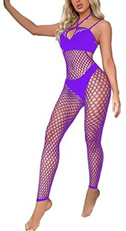 Bommi Fairy Sexy Dessous Bodystocking Neckholder Rückenfrei Catsuit Netz Strumpfhose Hohle Jumpsuit Frauen Bodysuit Nachtwäsche Mit Offenem Schritt (Lila) von Bommi Fairy