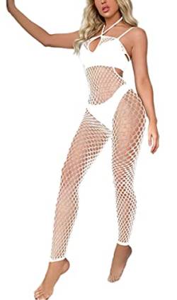 Bommi Fairy Sexy Dessous Bodystocking Neckholder Rückenfrei Catsuit Netz Strumpfhose Hohle Jumpsuit Frauen Bodysuit Nachtwäsche Mit Offenem Schritt (Weiß) von Bommi Fairy