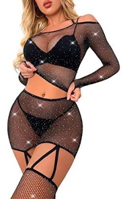 Bommi Fairy Sexy Dessous-Set für Damen Fischnetz Babydoll Bodys Strass-Outfits Süßes Kleid Dehnbar Heißes Kleid mit Langen Ärmeln (Schwarz) von Bommi Fairy