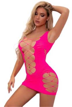 Bommi Fairy Sexy Dessous für Frauen Nahtlose Mesh Chemise Dessous Babydoll Minikleid Fishnet Bodysuit Nachtwäsche Overall offen im Schritt (Rosenrot) von Bommi Fairy