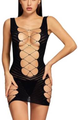 Bommi Fairy Sexy Dessous für Frauen Nahtlose Mesh Chemise Dessous Babydoll Minikleid Fishnet Bodysuit Nachtwäsche Overall offen im Schritt (Schwarz) von Bommi Fairy