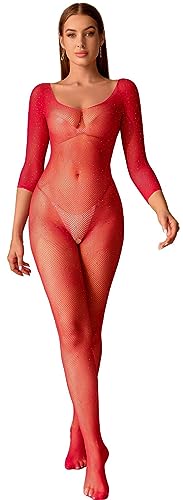 Bommi Fairy Sexy Fischnetz Bodystocking mit Strasssteinen Langarm Reizwäsche Schrittfreie Strumpfhose Basic Unterwäsche Einheitsgröße (Rot) von Bommi Fairy