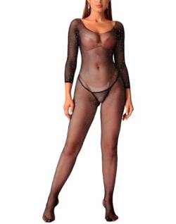 Bommi Fairy Sexy Fischnetz Bodystocking mit Strasssteinen Langarm Reizwäsche Schrittfreie Strumpfhose Basic Unterwäsche Einheitsgröße (Schwarz) von Bommi Fairy