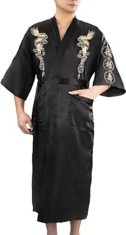 Bon amixyl Herren-Kimono-Bademantel aus Seide, japanischer Drachen-Bademantel, chinesischer Kimono-Bademantel, vorne offen, langer Umhang mit Gürtel, Schwarz, XX-Large von Bon amixyl