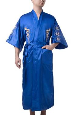 Bon amixyl Herren Morgenmantel Bademantel Satin Seide Bademantel Kimono Kittel Drachen Stickerei Yukata Hakma Vintage, blau, XL von Bon amixyl