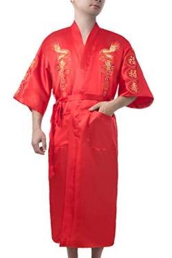 Bon amixyl Herren Morgenmantel Bademantel Satin Seide Bademantel Kimono Kittel Drachen Stickerei Yukata Hakma Vintage, rot, XL von Bon amixyl