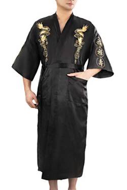 Bon amixyl Herren Morgenmantel Bademantel Satin Seide Bademantel Kimono Mantel Drachen Stickerei Yukata Hakma Vintage, Schwarz , L von Bon amixyl