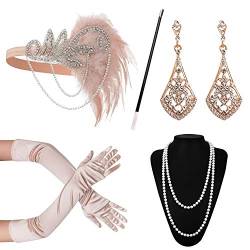 Boodtag 1920s Accessoires Flapper Set Damen Flapper Kostüm inklusive Stirnband Halskette Handschuhe Ohrringe Zigarettenhalter Charleston Gatsby Retro Kostüm von Boodtag