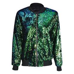 Boodtag Frauen Pailletten Jacke Lange Ärmel Reißverschluss Glänzend Funkelnde Bomber Glitzer Jacken Mantel für Frauen UK Club Dance Party, grün, 50 von Boodtag