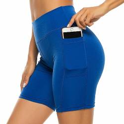 Boolavard Shorts für Damen mit Taschen – hohe Taille, Bauchkontrolle, Workout, Yoga, Laufen, Fitnessstudio, Kurze Hose (M, Blau) von Boolavard