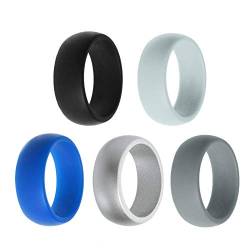 Boolavard Silikon Ehering für Männer und Frauen Preiswerte Silikon Gummiband, 7 Pack, 5 Pack & Singles - Weiß, Grau, Silber, Blau (Schwarz, Weiß, Blau, Grau, Silber, 10-19.80mm) von Boolavard