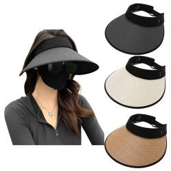 Bootoow Damen Sonnenhut,3pcs Strohhut Damen,Damen-Sonnenhut Mit Großer Krempe,Stroh UPF 50+ Packbar Faltbar Visor Cap,Strand Strohhut Für Strandurlaub Reisen Gartenarbeit Golf(Beige+Schwarz+Khaki) von Bootoow