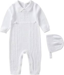 Baby Junge Strampler 6-9 Monate Lange Ärmel Onesies Strickpullover Taufe Taufe Outfits für Jungen Neugeborenes Herbst Winter Weiß Baby Fotoshooting Anzüge Kleidung mit Taufe Hüte von Booulfi