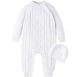 Booulfi Baby Junge Strampler 6-9 Monate Lange Ärmel Onesies Strickpullover Taufe Taufe Outfits für Jungen Neugeborenes Herbst Winter Weiß Baby Fotoshooting Anzüge Kleidung mit Taufe Hüte von Booulfi