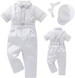 Booulfi Baby Jungen Taufkleidung Baumwollstoff Taufanzug 4 Teiliges Weiß Mit Fliege Oberhemd Hut Unterhosen Hose, 3-6 M von Booulfi