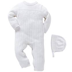 Booulfi Taufe Outfits für Jungen Baby Boy Strampler 0-3 Monate Neugeborenes Baby Pullover Weiß Langarm Onesies Herbst Winter gestrickt Baby Fotoshooting Kleidung mit Taufe Hüte von Booulfi