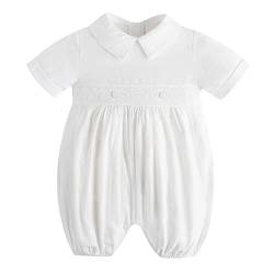 Booulfi Taufe Outfits für Jungen kurze Ärmel weiß Onesies Baby Bubble Romper Leinen Sommer Taufe Kirche Onesie Neugeborenes Coming Home Jumpsuit 0-3 Monate von Booulfi