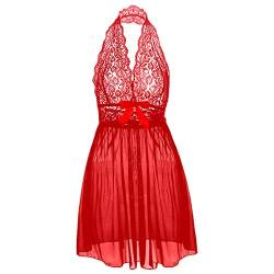 Boowhol Damen Reizwäsche Spitzenkleid Nachthemd Negligee Sexy Transparent Dessous-Sets Kleid Spitze Reizvoll Neckholder Babydolls mit Panties,Übergröße- größe L-5XL (2XL, Rot) von Boowhol