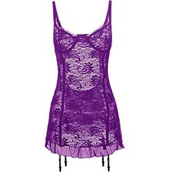 Boowhol Damen Reizwäsche Tief V-Ausschnitt Negligee Sexy Transparent Babydoll Dessous-Sets Kleid Spitze Reizvoll Babydolls Nachtmäntel Strumpfhalter mit String,Übergröße- größe S-5XL (5XL, Lila) von Boowhol