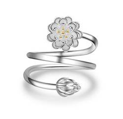 Boowohl Damen Mädchen Ring Trauring Ehering Hochzeitringe Zwei Lotus Blumen Silberring 925 Sterling Silber Ringgröße Verstellbar von Boowhol