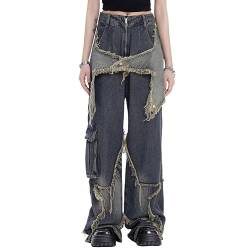 Bopoft Ästhetische Low Rise Jeans Frauen Y2k Stern Harajuku Trendy Mode Baggy Breites Bein Y2K Hosen Vintage 2000S Klassische Kleidung, Blau12, Groß von Bopoft