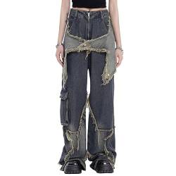 Bopoft Ästhetische Low Rise Jeans Frauen Y2k Stern Harajuku Trendy Mode Baggy Breites Bein Y2K Hosen Vintage 2000S Klassische Kleidung, Blau12, X-Groß von Bopoft