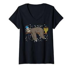 Lazy Sloth Menorah Cute Jewish Hanukkah Chanukah Animal Gift T-Shirt mit V-Ausschnitt von BoredKoalas Hanukkah Clothes Jew Chanukah Gifts