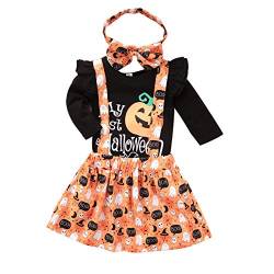 0-24M My 1st Halloween Baby Girl Outfits Strampler + Kürbis Hosenträger Rock + Stirnband 3PCS Kleidung Set (Halloween Baby A, 6-12 Monate) von Borlai