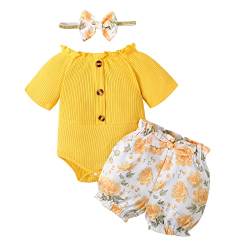 Borlai 3 Stück Baby Mädchen Sommer Outfits Kurzarm Rüschen Body Strampler+Blumen Shorts+Stirnband Neugeborene Bekleidungssets von Borlai