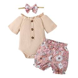 Borlai 3 Stück Baby Mädchen Sommer Outfits Kurzarm Rüschen Body Strampler+Blumen Shorts+Stirnband Neugeborene Bekleidungssets von Borlai