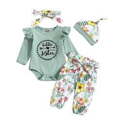 Borlai 4 STÜCKE Baby Mädchen Brief Drucken Outfits Kleine Schwester Langarm Strampler Overall Floral Hosen Hut Stirnband 0-18 Monate von Borlai