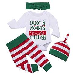 Borlai Baby-Weihnachtsset mit Buchstaben-Druck, Strampler + gestreifte Hose & Mütze + Schleife Haarband Baby Geschenkset, 12-18 Monate von Borlai
