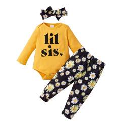Borlai Große kleine Schwester passende Blumenoutfits Strampler Shirt Top Daisy Printed Pants Stirnband Kleidung Set (12-18 Monate, Kleine Schwestern) von Borlai